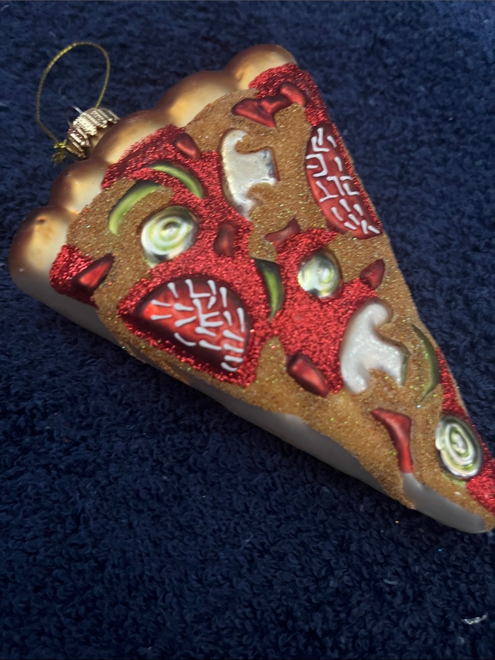 Festive Pizza Slice Glass Ornament - Gold & Red